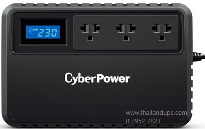 Cyberpower bu800e มีปลั๊กไฟ 3 ช่องเป้น แบบ universal outlet สามารถติดผนังได้  มีจอแสดงภาพเป็น จอ LCD